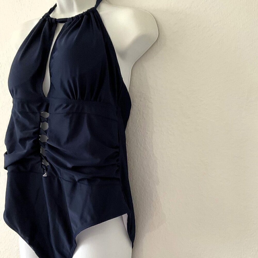 NEW Navy Cutout Halter Plunge Ruched One Piece Swimsuit - Picture 4 of 7